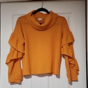 Heart & Hips Golden Orange Ruffle Sleeve Cowl Neck Sweater
